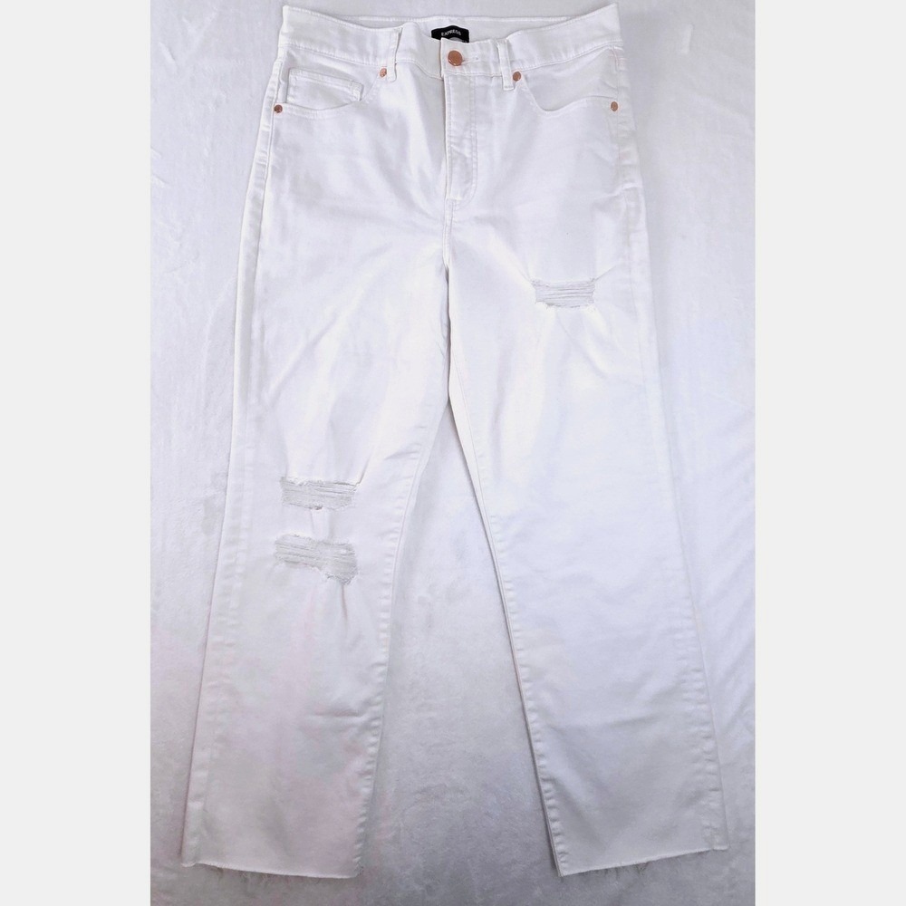 Express Straight Ankle Jeans Womens 10R White High Rise Distressed Raw Hem 55285